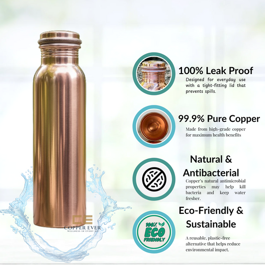 Polished Pure Copper Water Bottle – 950 ml | Leak-Proof Ayurvedic Yoga Bottle | Unique Design