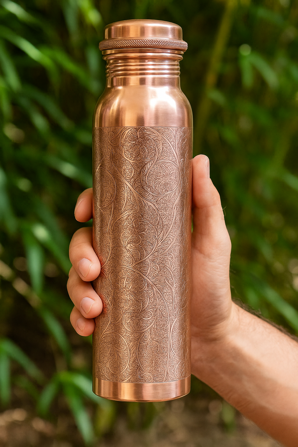 Engraved Pure Copper Water Bottle-Leak proof Unique Design Yoga Bottle-Ayurvedic copper bottle 950m