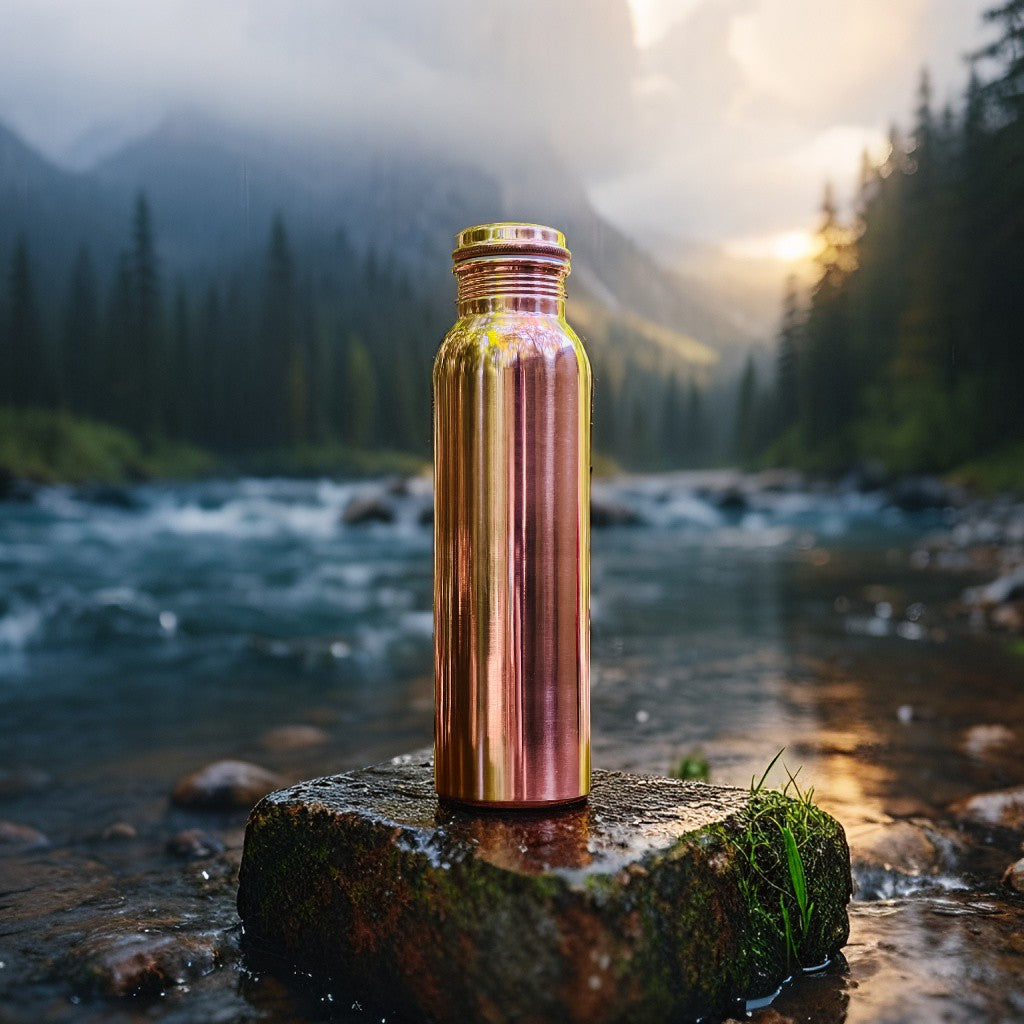 Polished Pure Copper Water Bottle – 950 ml | Leak-Proof Ayurvedic Yoga Bottle | Unique Design