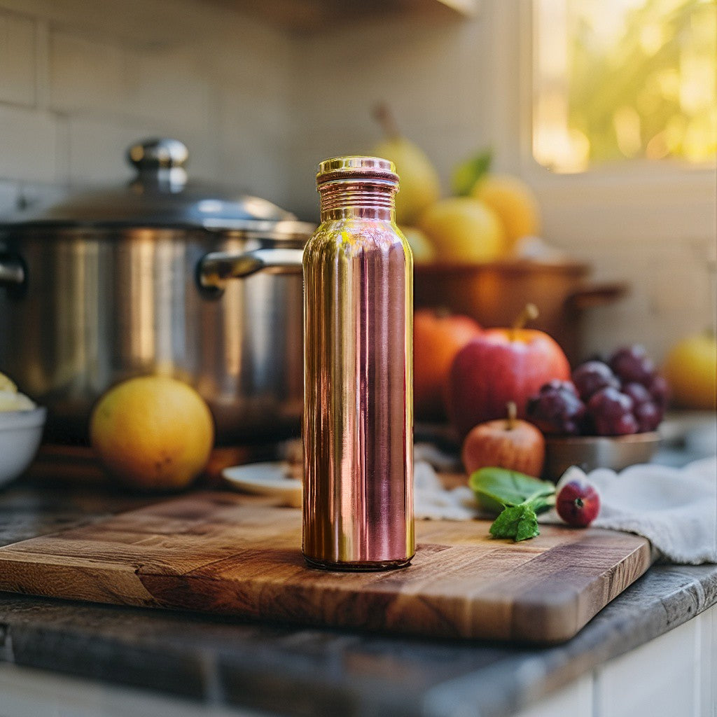 Polished Pure Copper Water Bottle – 950 ml | Leak-Proof Ayurvedic Yoga Bottle | Unique Design