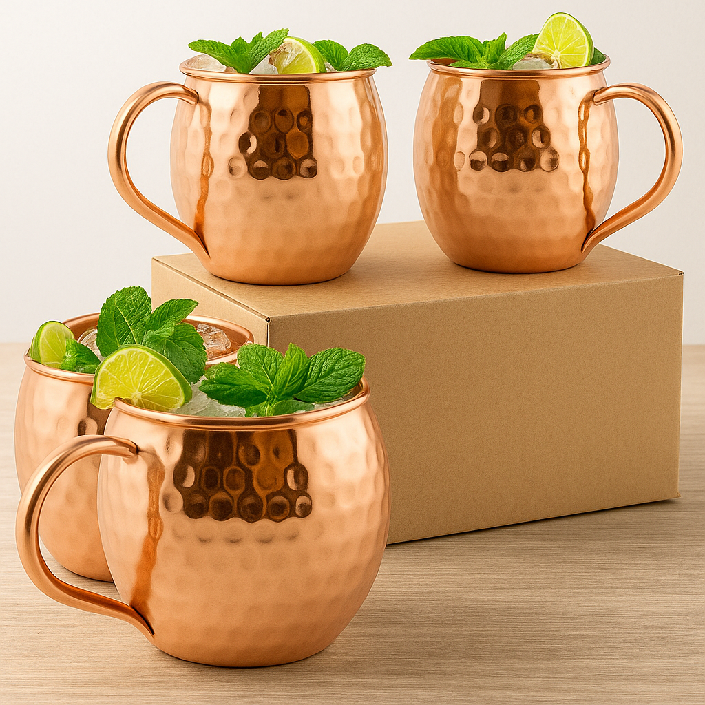 Moscow Mule Copper Mugs – 100% Pure Copper, Handcrafted, Food Safe Drinkware, Premium Bar Gift, Housewarming Gift Set