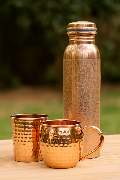 Engraved Pure Copper Water Bottle-Leak proof Unique Design Yoga Bottle-Ayurvedic copper bottle 950m