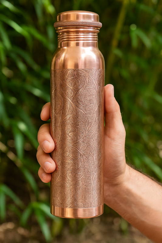 Engraved Pure Copper Water Bottle-Leak proof Unique Design Yoga Bottle-Ayurvedic copper bottle 950m