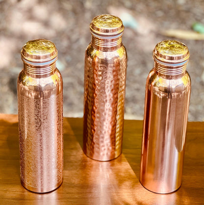 Polished Pure Copper Water Bottle – 950 ml | Leak-Proof Ayurvedic Yoga Bottle | Unique Design