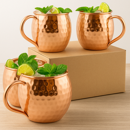 Moscow Mule Copper Mugs – 100% Pure Copper, Handcrafted, Food Safe Drinkware, Premium Bar Gift, Housewarming Gift Set